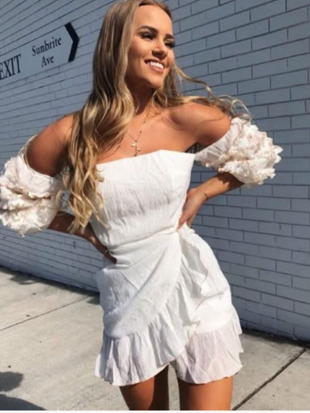 SABO SKIRT Cream Mini Wrap Dress, Off-the-Shoulder, Ruffle Sleeves, Size L - Picture 2 of 10